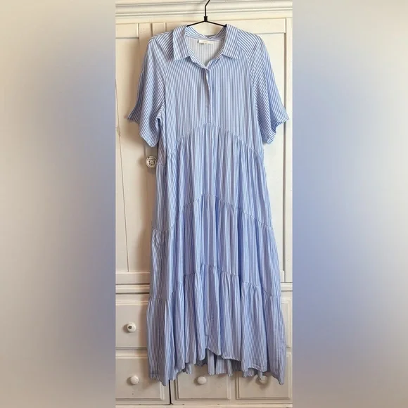 A Loves A Pinstripe Print B Tiered Waistless Midi Shirt Dress Size Medium - Picture 3 of 11